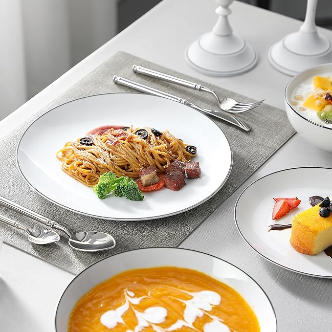 MALACASA 24-Piece Gourmet Porcelain Dinnerware Sets, Modern White with Black Rim Round Dish Set for 6 - Premium Serving Plates and Bowls Sets for Dessert, Salad, Soup, Pasta - Series AMELIA