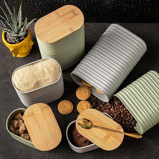 Mixpresso Gray Canisters Sets for the Kitchen – 3-Piece Airtight Plastic Sugar Container Set with Bamboo Lids in Three Different Sizes – Decorative Modern Storage Jars for Coffee, Tea & Countertops