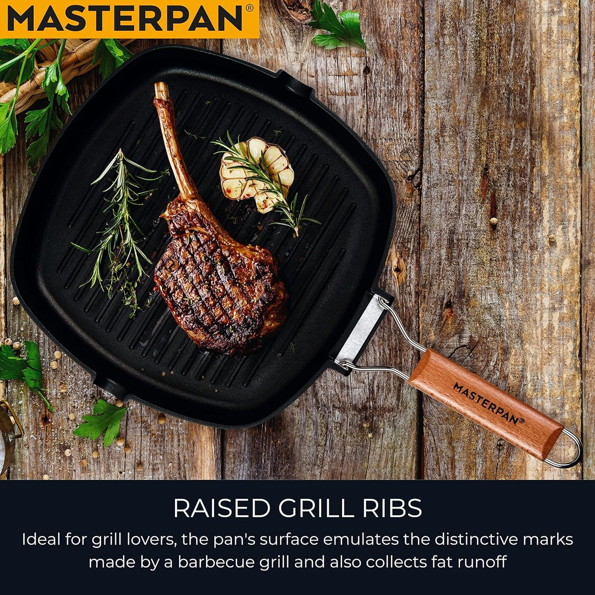 Non-Stick Grill Pan with Folding Wooden Handle, 8", Black and Brown