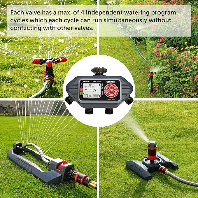 Eden 93413 Programmable Digital Water Timer 4-Zone, Compatible with Wireless Soil Moisture Sensor