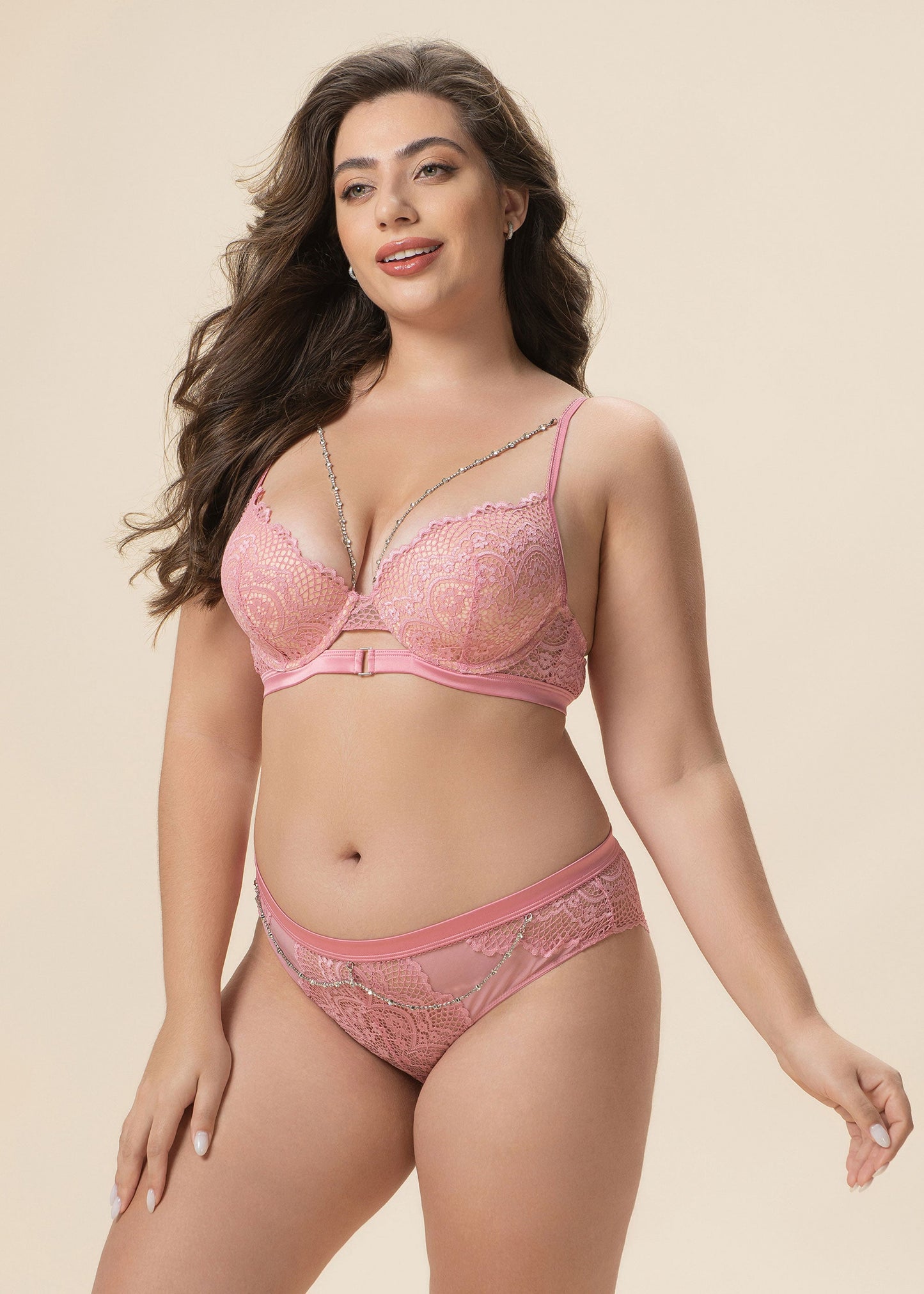BECKY Plus Sexy Pink Floral Lace Brief Panties with Detachable Diamond Chains