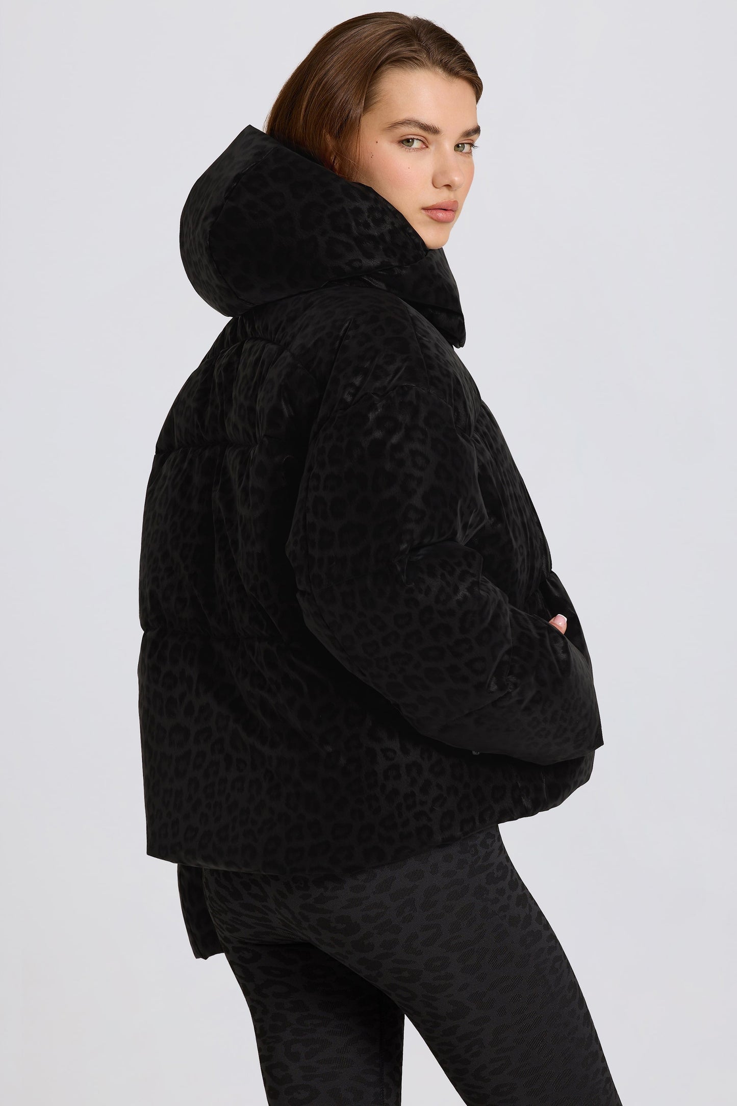 Waterproof Cropped Oversized Ski Jacket in Black Leopard