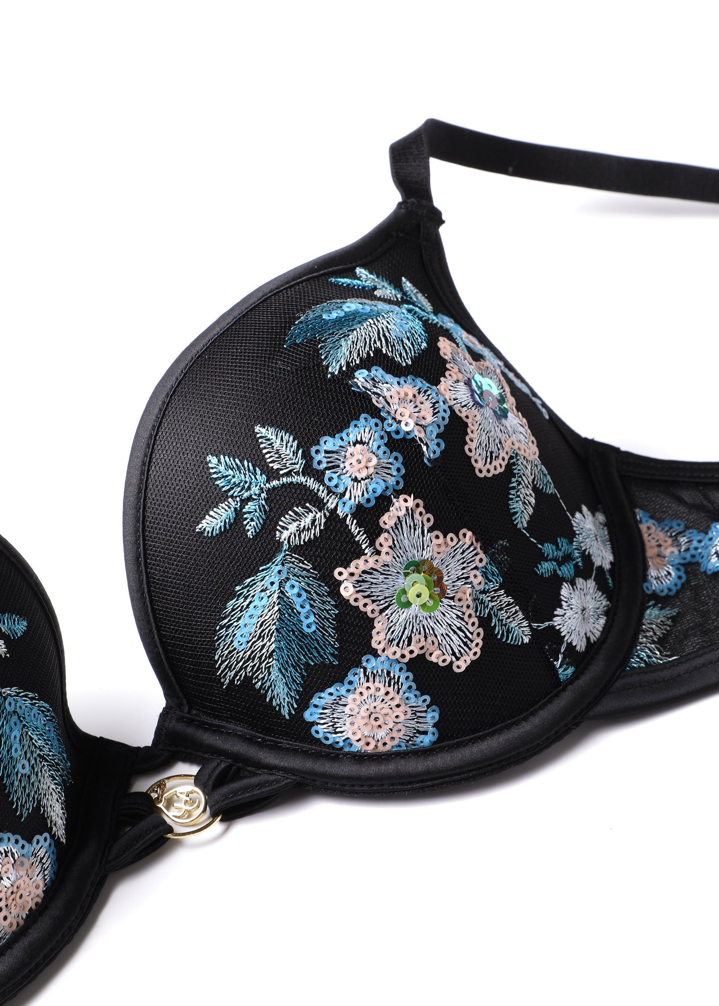 ELARA Plus Black Blue Floral Embroidery Lace Push-Up Bra