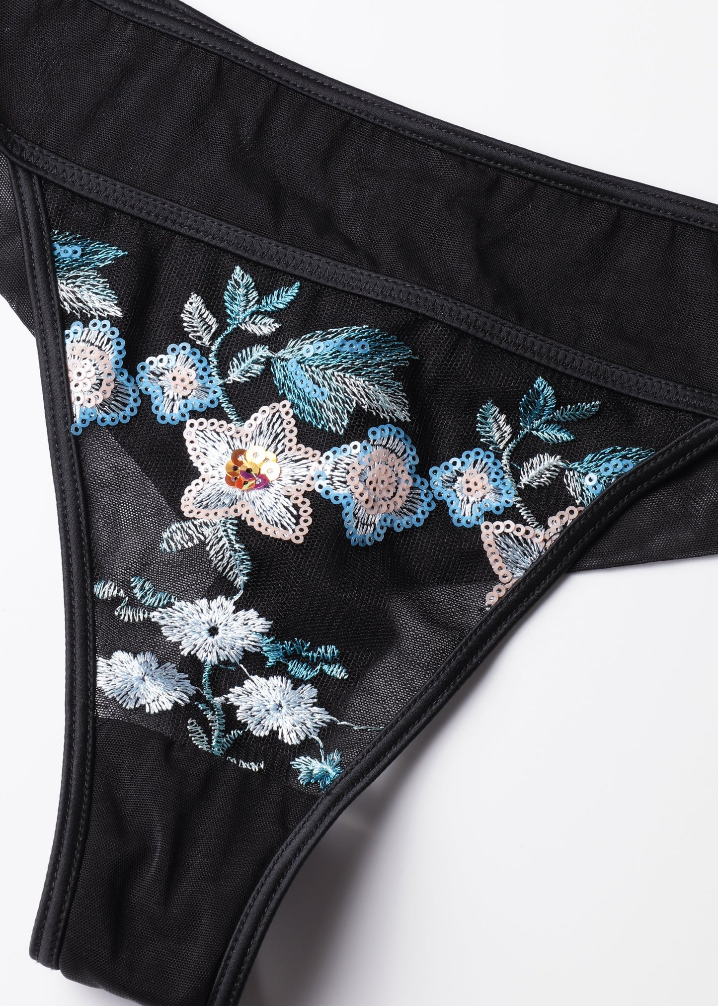 ELARA Plus Black Blue Floral Embroidery Lace Tanga Panties