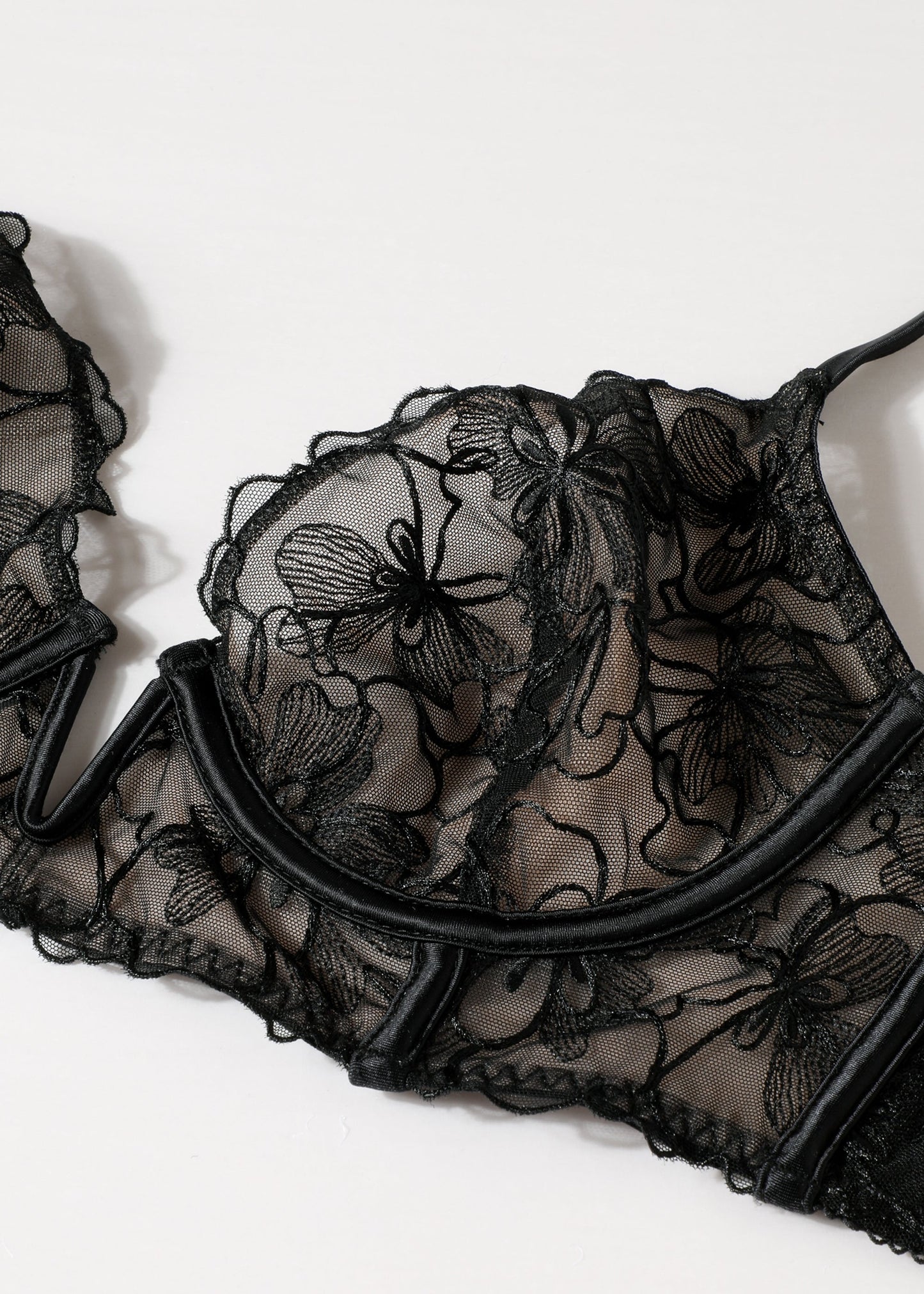 FREDERICA Black Floral Lace Underwired Unlined Plunge Long Bra