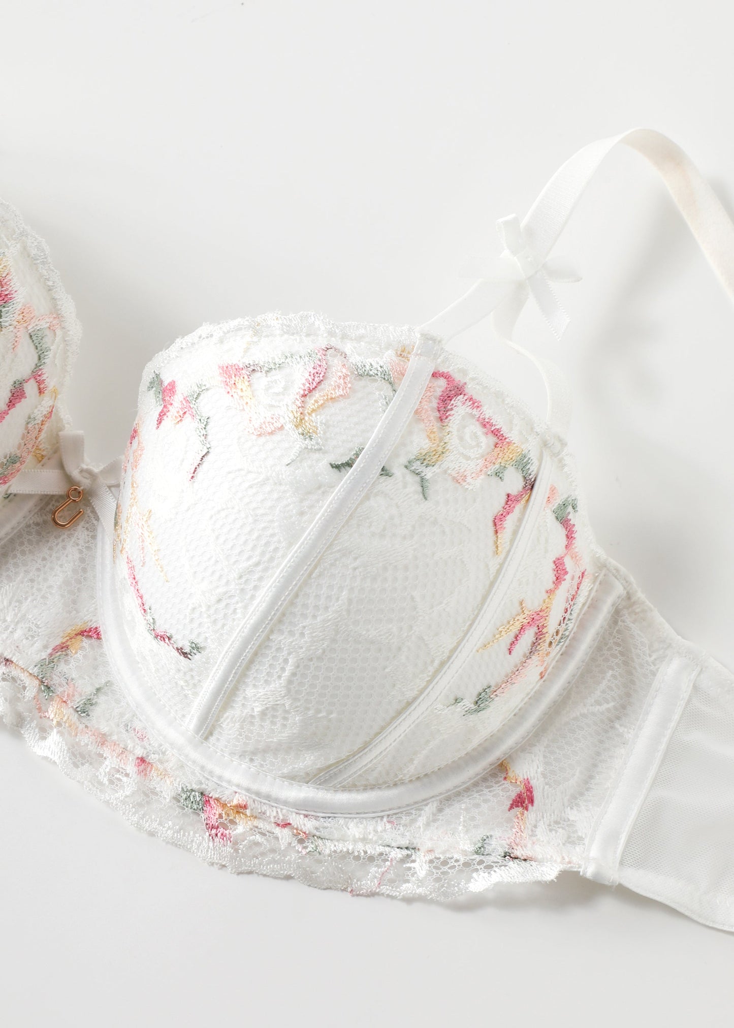 GLYNIS Plus White Lace Underwired Balconette Demi Bra With Colored Embroidery