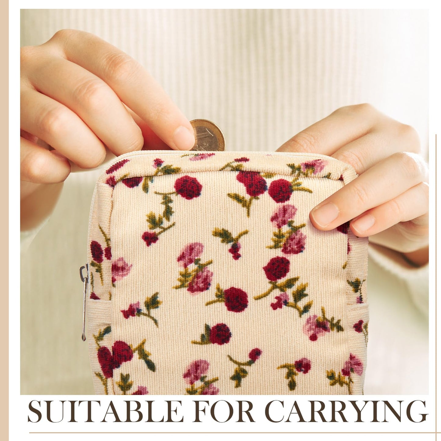 Abbylike 4 Pcs Floral Makeup Bag Cosmetic Bag with Zipper Portable Small Pouches for Purse Toiletry Mini Pouch Cute Mini Makeup Purse for Coin Essentials Items Women(Rose)