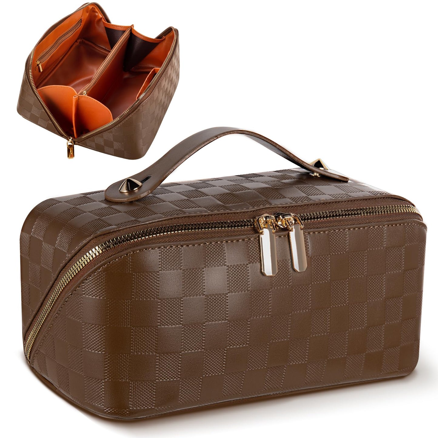 Abiudeng Travel Makeup Bag,Large Capacity Toiletry Bag Cosmetic Bags for Travel Essentials,Waterproof Portable Pouch Open Flat Makeup bag Organizer with Divider and Handle(Checkered-Brown)