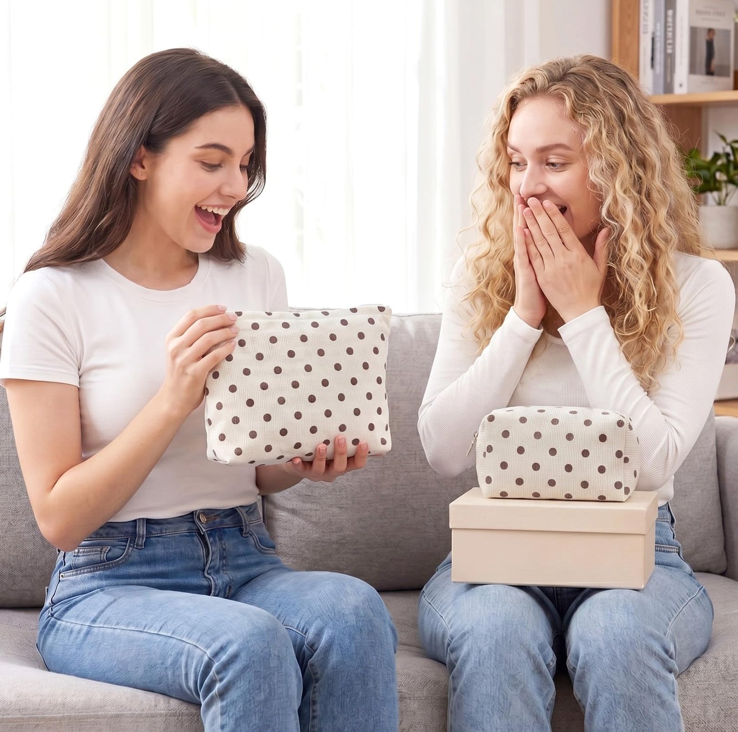 Aliceset 2 Pcs Makeup Bag Set Corduroy Cosmetic Pouch for Purse Large Travel Toiletry Bag Design Aesthetic Cotton Zipper Organizer for Women Gift Beauty Essentials(Polka Dot Beige)