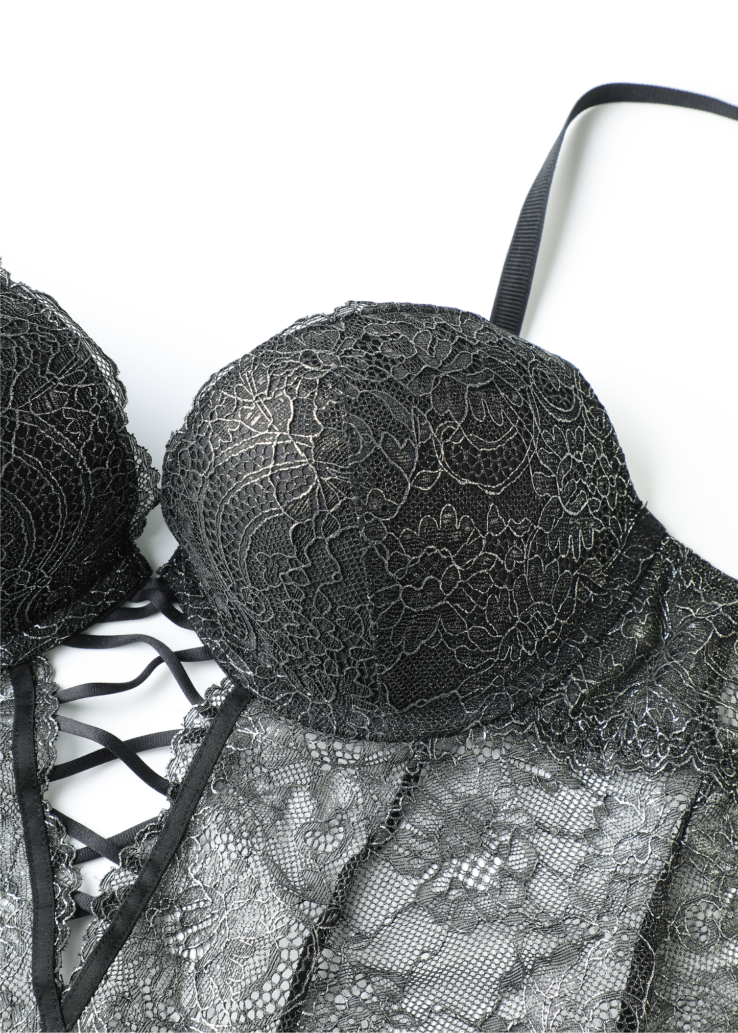 AMBER Plus Sexy Push-up Black Foil Printed Gold Lace Bodysuit