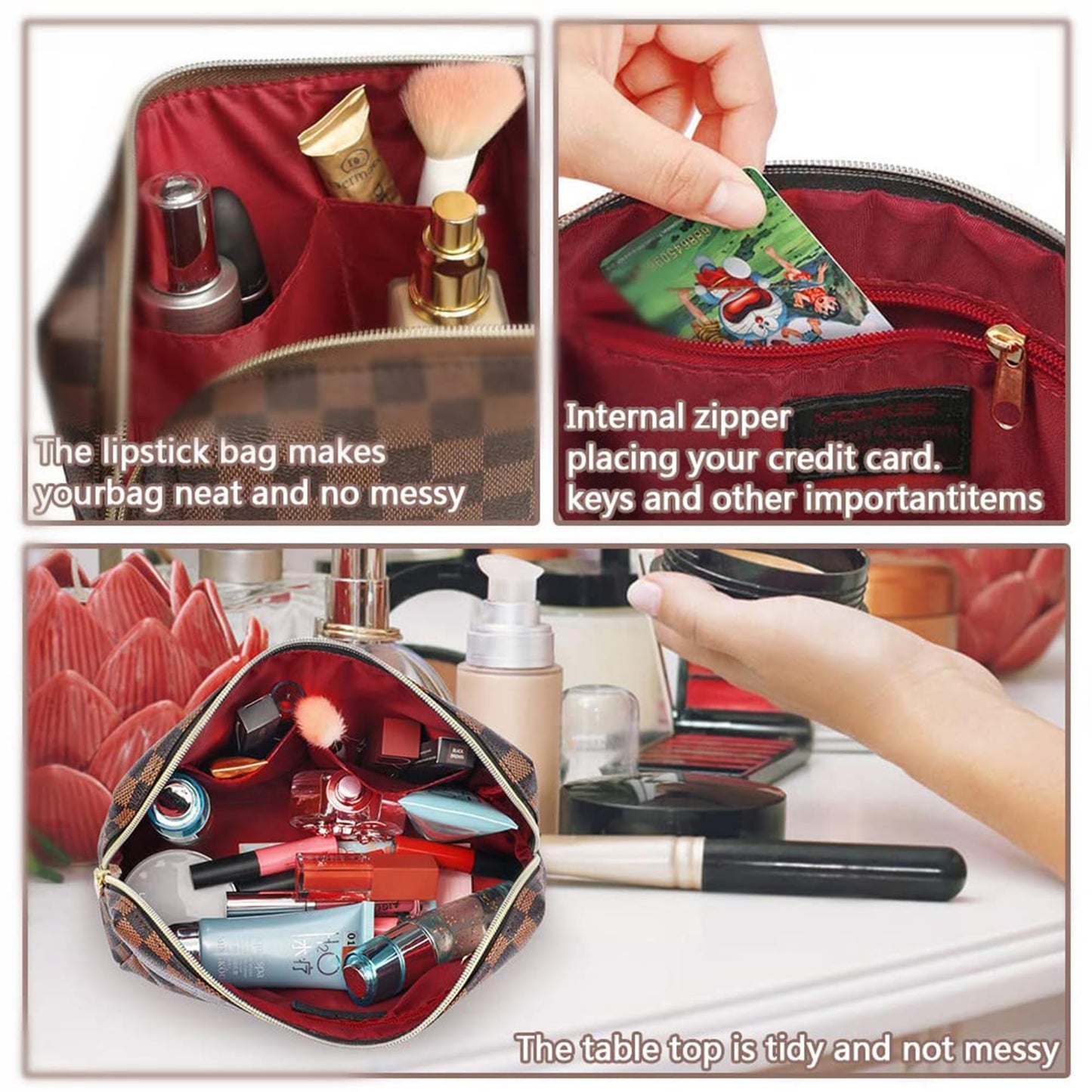 BAGCRAZY Checkered Makeup Bag 2 Pack, Waterproof PU Leather Travel Cosmetic Organizer Set for Women, Portable Toiletry Pouch for Purse & Weekend Getaways