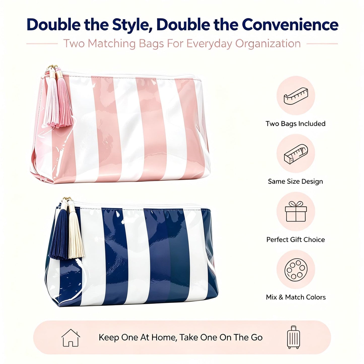 Beyinkoy Waterproof Makeup Bags, 2 PCS Striped Large Capacity Makeup Bag for Purse with Tassel Zipper, PVC Travel Toiletry Organizer Bag