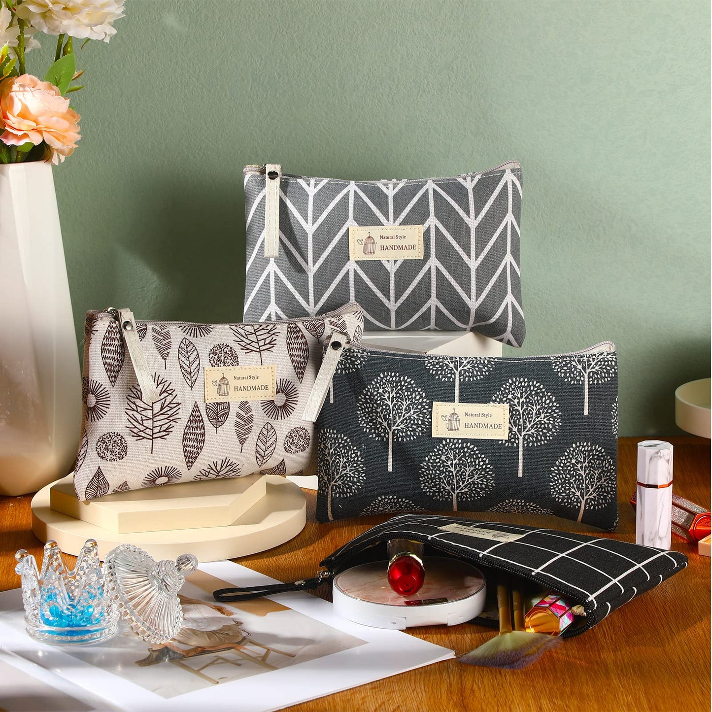 Boao 4 Pcs Canvas Makeup Bag Small Cosmetic Pouch for Purse,Big,Natural