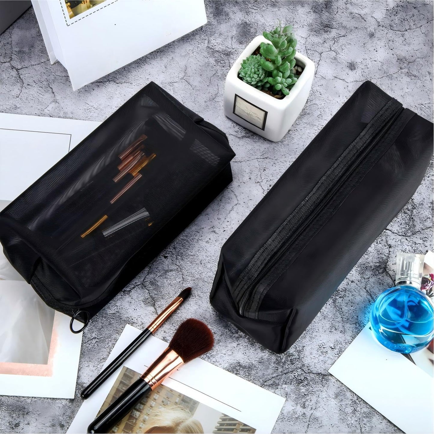 Boao 6 Pieces Mesh Zipper Makeup Bag Set For Travel, Black