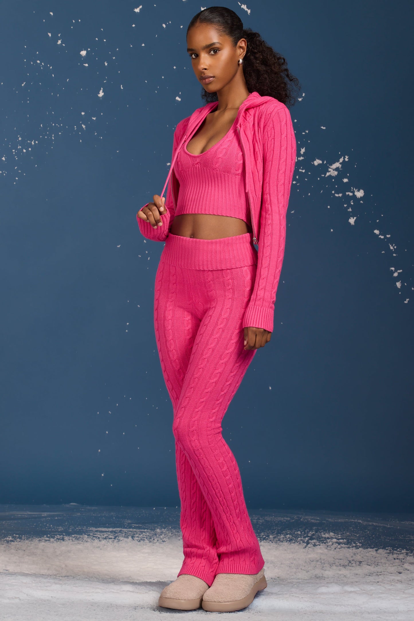 Cable Knit Foldover Flared Trousers in Hot Pink