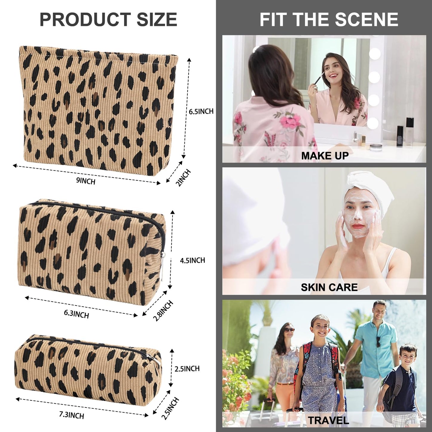 EIMMBD Makeup Bag 3 Pieces Large Capacity Cosmetic Bags Travel Toiletry Bag Organizer Cute Makeup Pouch Storage for Women(Brown Leopard)