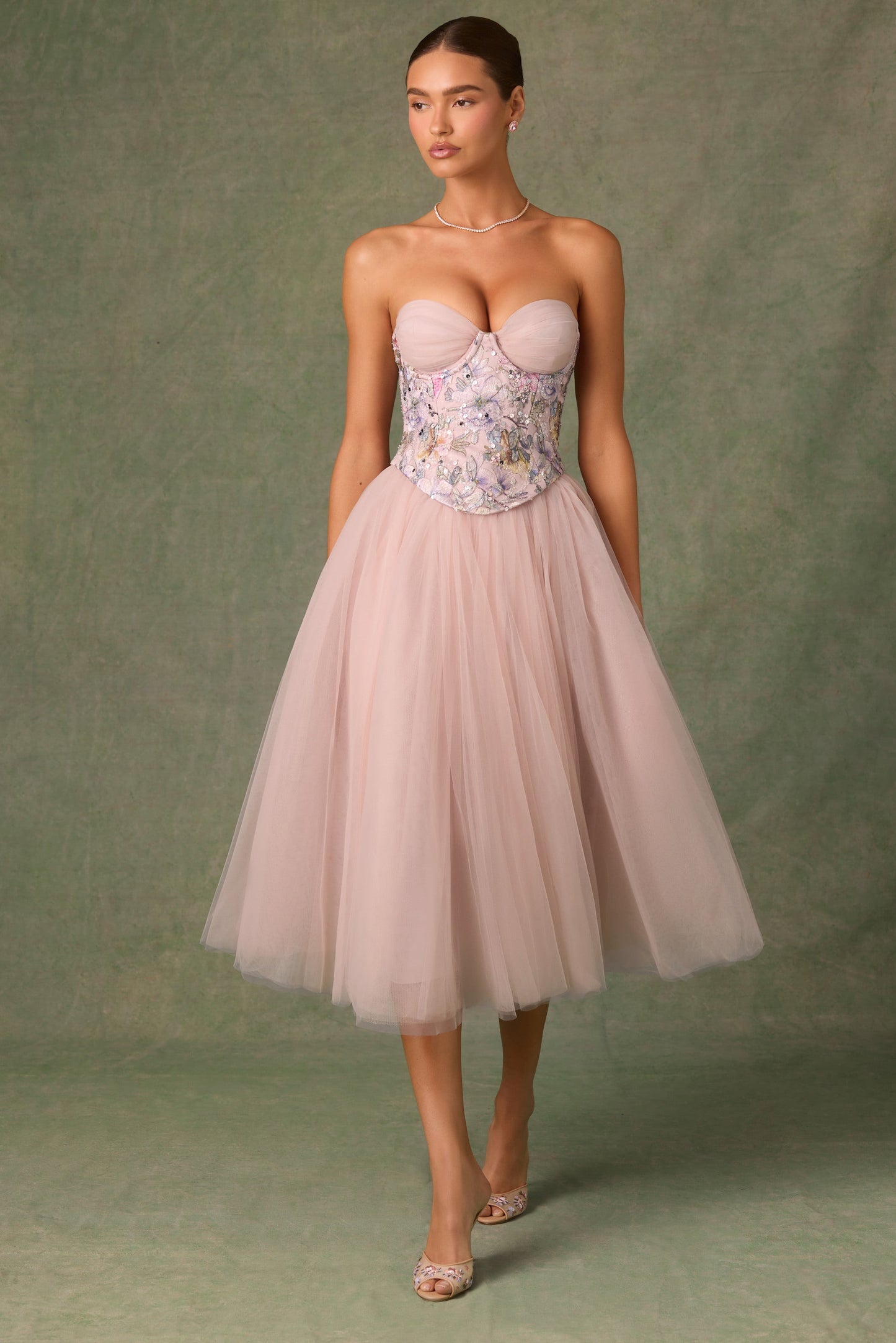 Embellished Lace-Up Cupless Corset in Floral Pink