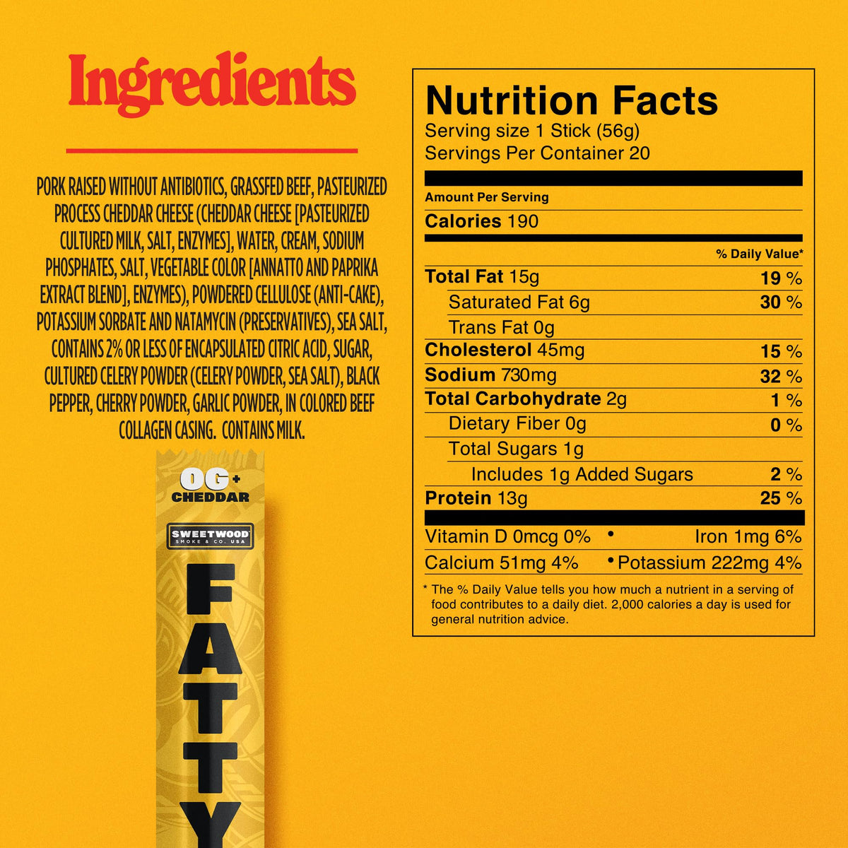 FATTY Meat Sticks Original Cheddar — 13g Protein per Stick, Grass-Fed Beef & Antibiotic-Free Pork, 2 oz, Pack of 20