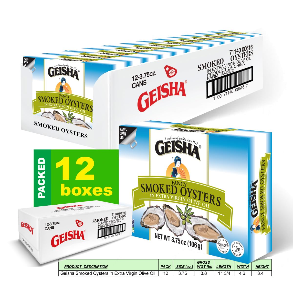 GEISHA Smoked Oysters in Extra Virgin Olive Oil – 3.75oz Can, 12-Pack | Gluten Free, Non-GMO
