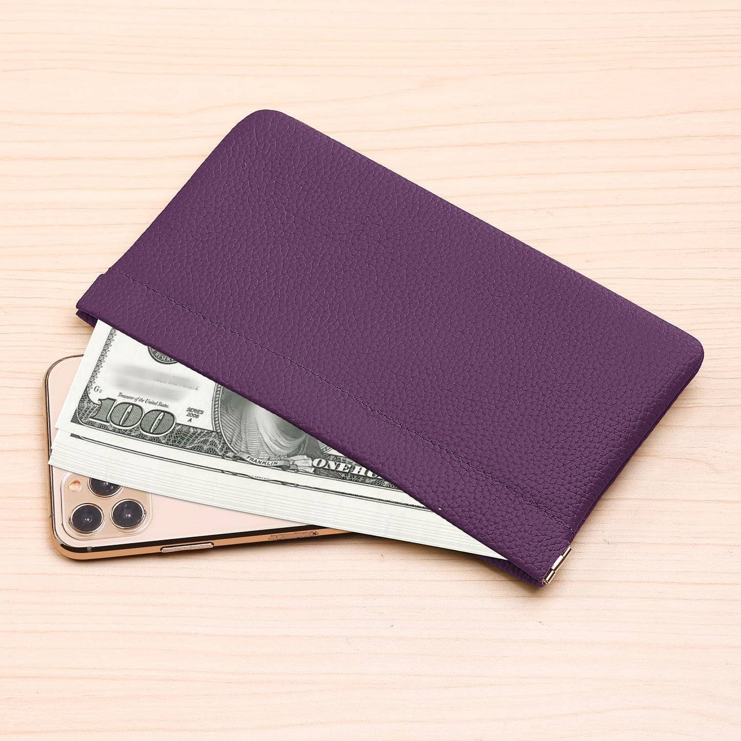 Genuine Leather Pocket Cosmetic Bag for Purse,Coin Purse Lipstick Cosmetic Accessories Travel Pouch for Storage Waterproof Portable No Zipper Self-closing Small Makeup Pouch (Purple)