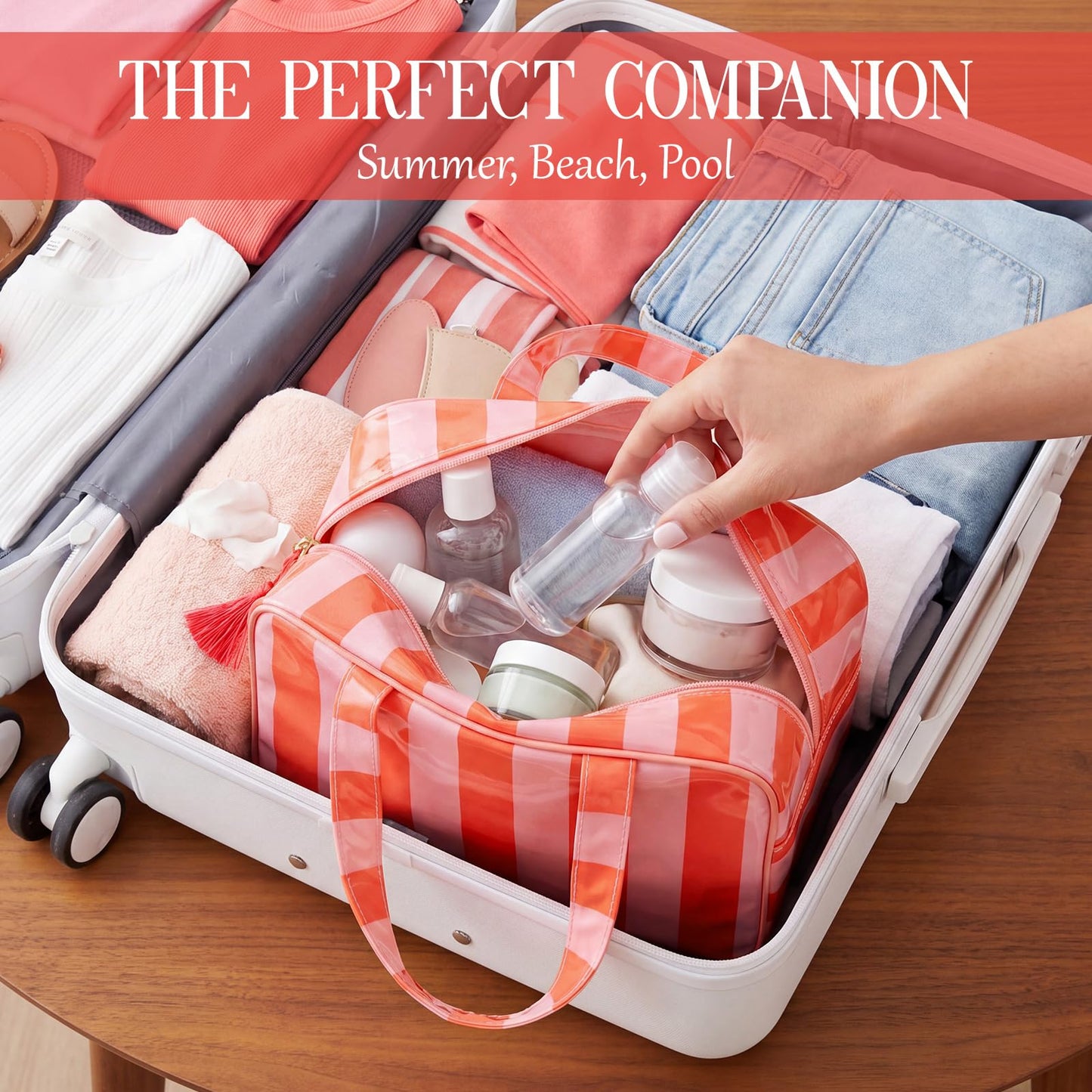 Gilprop 3 Pcs Waterproof Travel Toiletry Bag Clear Coated Stripe Makeup Bag with Handle Portable PVC Large Cosmetic Bags for Women Toiletries Bathroom Essentials Vacation Accessories(Pink-orange)