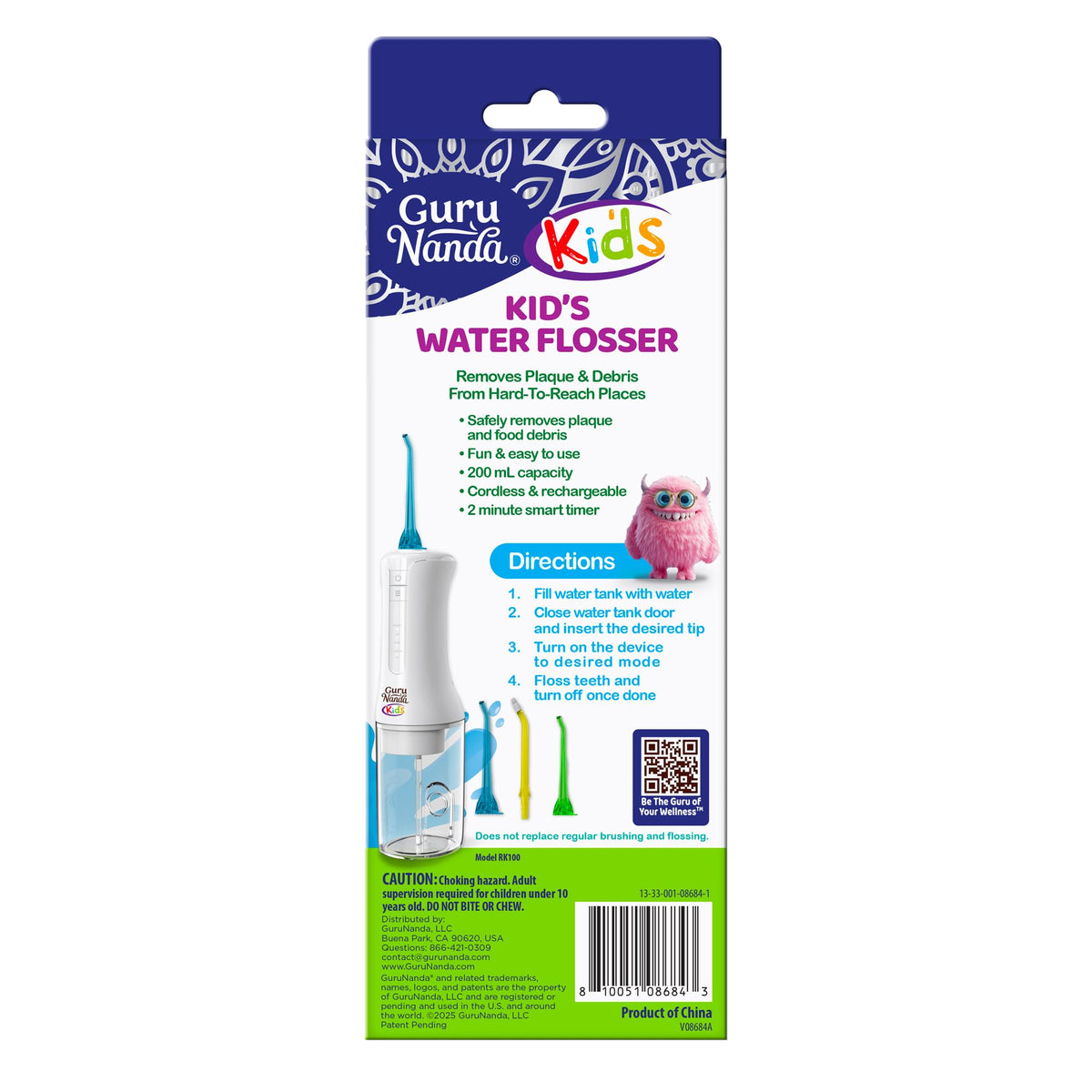 GuruNanda Kids Water Flosser – Portable Oral Irrigator for Children Ages 6+, 4 Gentle Modes, 4 Nozzles, 2-Min Smart Timer, Cordless, BPA-Free, Monster Frens Theme Kids Floss for Braces, Sensitive Gums