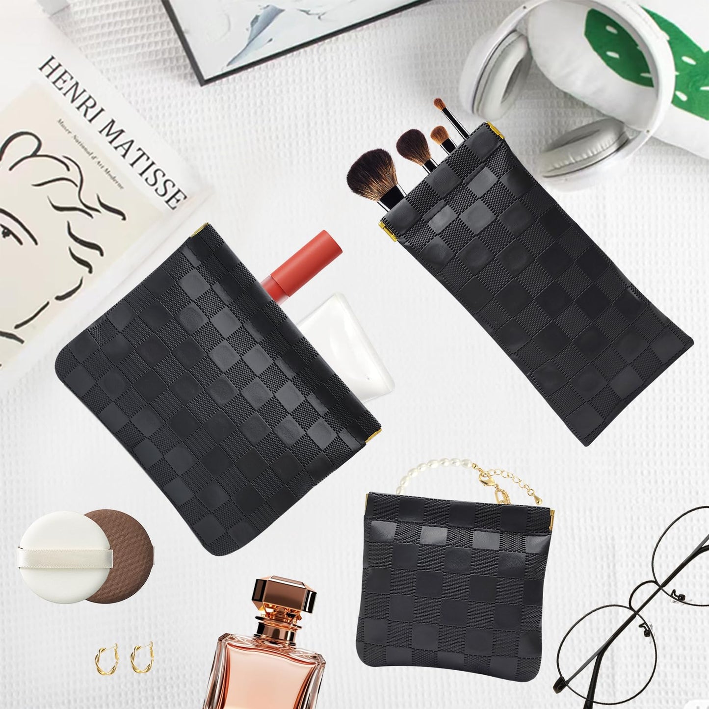Hapforever 3PCS Small Makeup Bag for Purse, Waterproof PU Leather Snap Closure Organizer Set Mini Travel Cosmetic Pouches for Women Coin Purse Lipstick Cosmetic Accessories Organizer (Black)