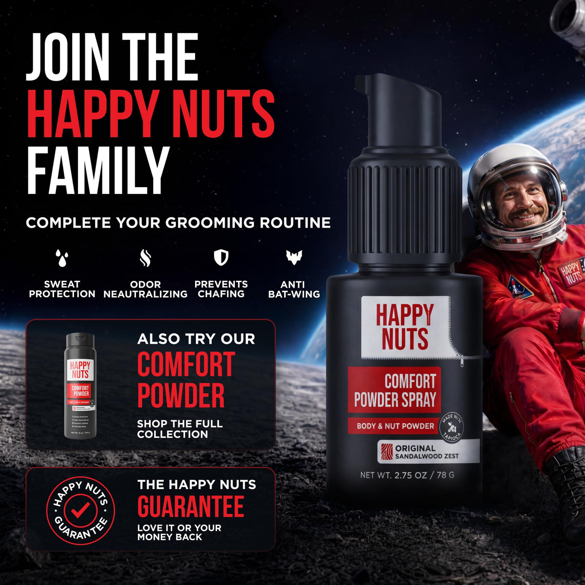 HAPPY NUTS Comfort Powder Spray: Anti Chafing & Mens Deodorant, Aluminum-Free, Sweat and Odor Control for Jock Itch, Groin and Men's Private Parts