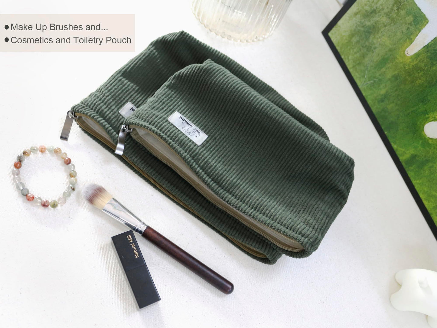 HAPPYHEIDI Large Makeup Bag Set 3 Travel Cosmetic Pouch, Dark Green