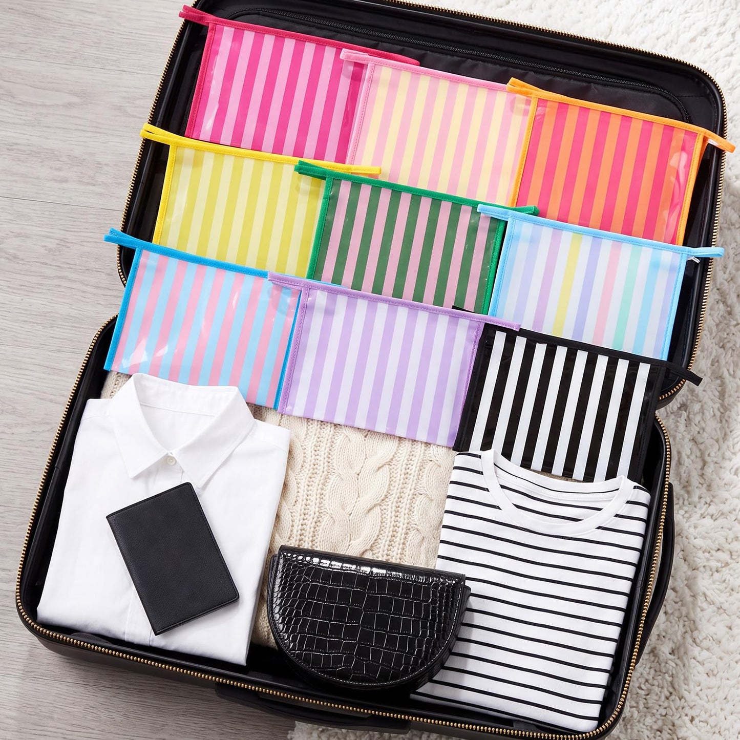 Hosuly 9 Pack Small Striped Makeup Bags Waterproof PVC Zipper Pouch