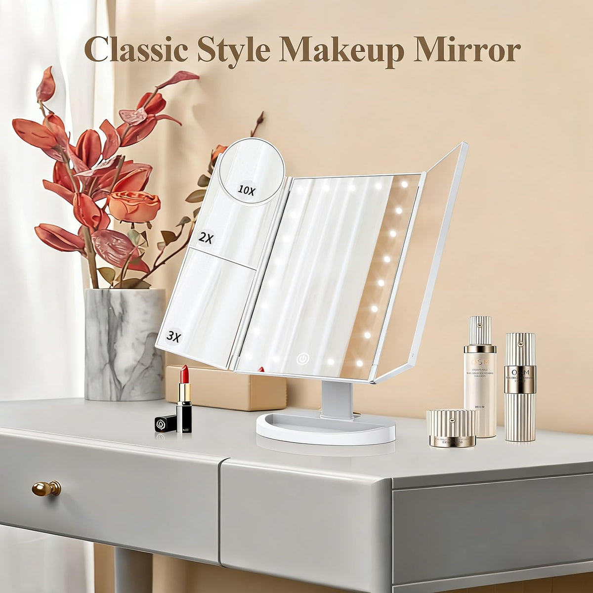 HUONUL 2X/3X/10X Magnifying Vanity Mirror with Light, Trifold Makeup Mirror