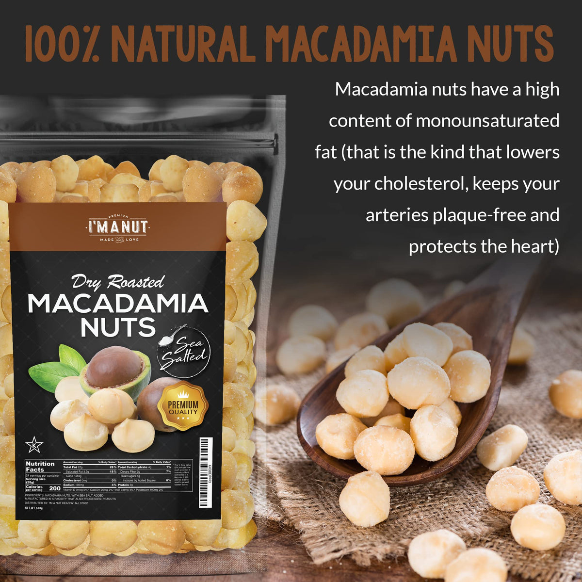 I'm A Nut Oven Roasted Macadamia Nuts with Sea Salt - 48 oz (3 lb) | Batch Tested Peanut & Gluten Free | No Oil