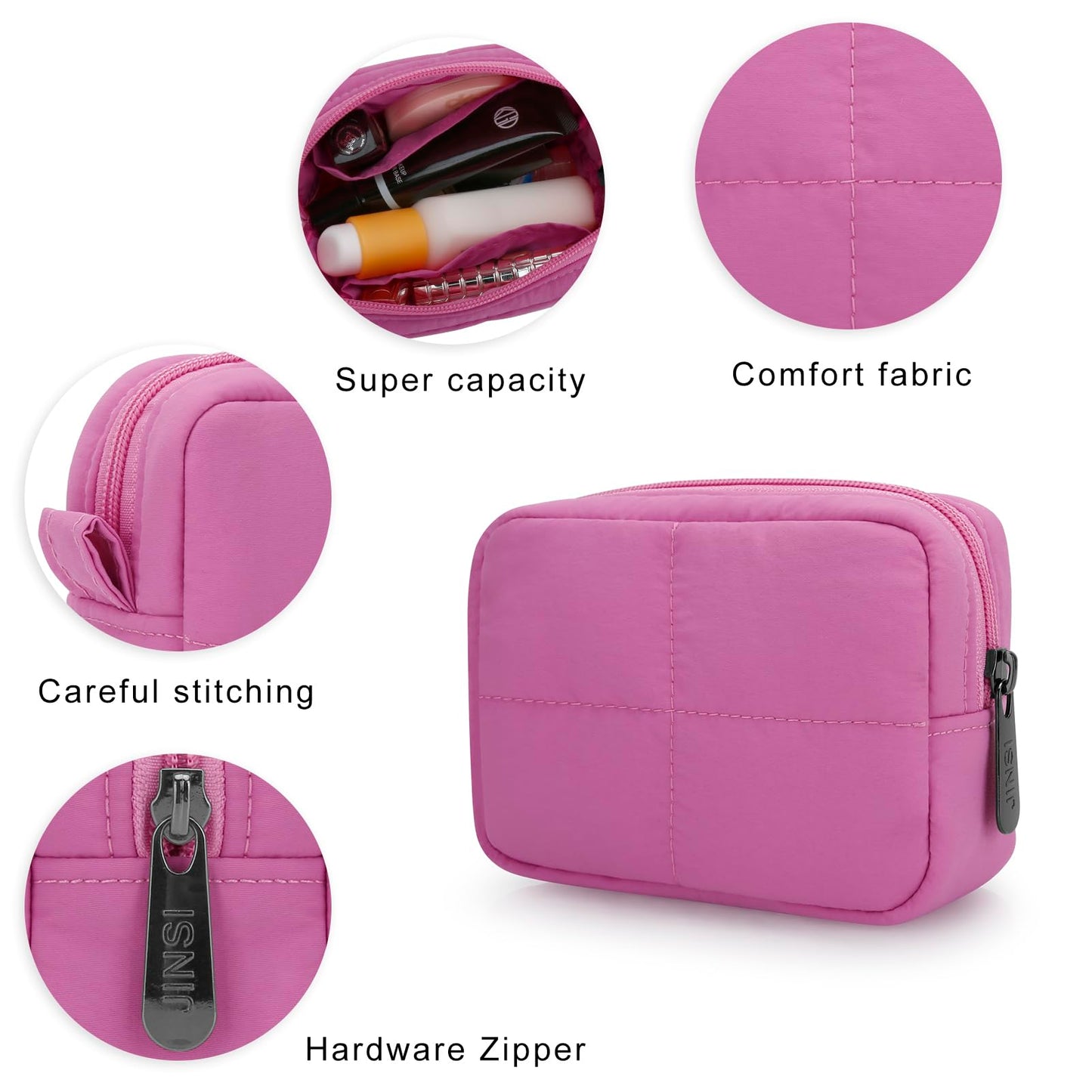 JINSI Small Makeup Bag for Purse, Quilted Travel Cosmetic Bag, Zipper Cosmetic Pouch Organizer Toiletry Bag, Make Up Bags for Women Girls, Rose