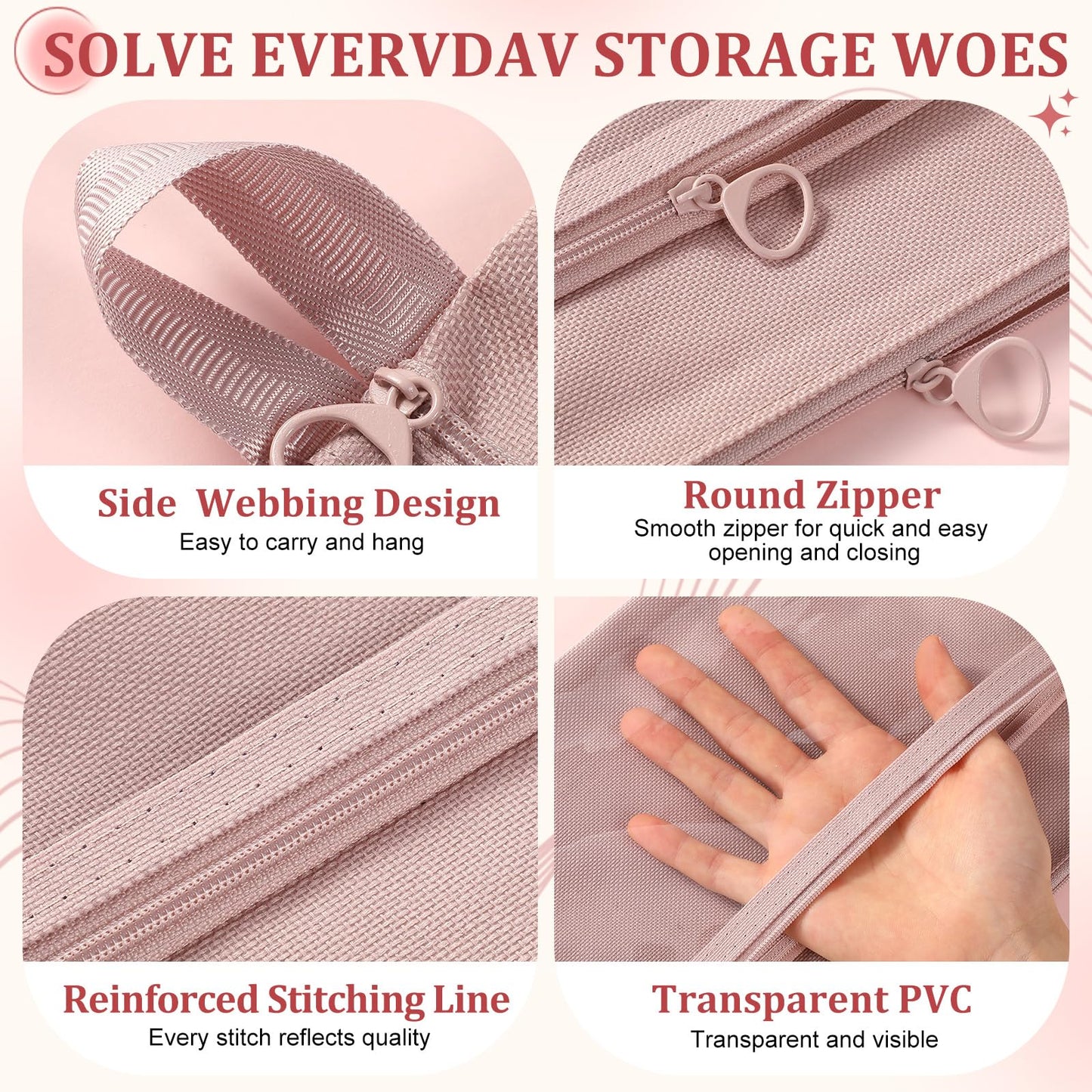 Kacctyen 3 Pack Clear Makeup Bag Set for Women, Pouch with Zipper Cosmetic Pouches Waterproof PVC Toiletry Bag Travel Purse Organizer Insert Double-layer Pocket for Small Items Storage(Pink)