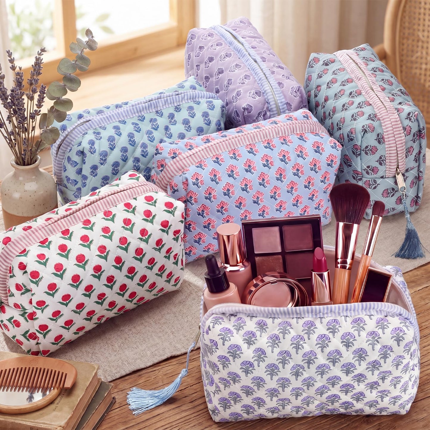 Kacctyen 6 Pcs Block Print Makeup Bags Cotton Quilted Blue Toiletry Makeup Bag with Tassel Flower Pouch Emergency Travel Toiletry Bridesmaid Engagement Bridal Shower Gift for Women (Blue Ditsy)