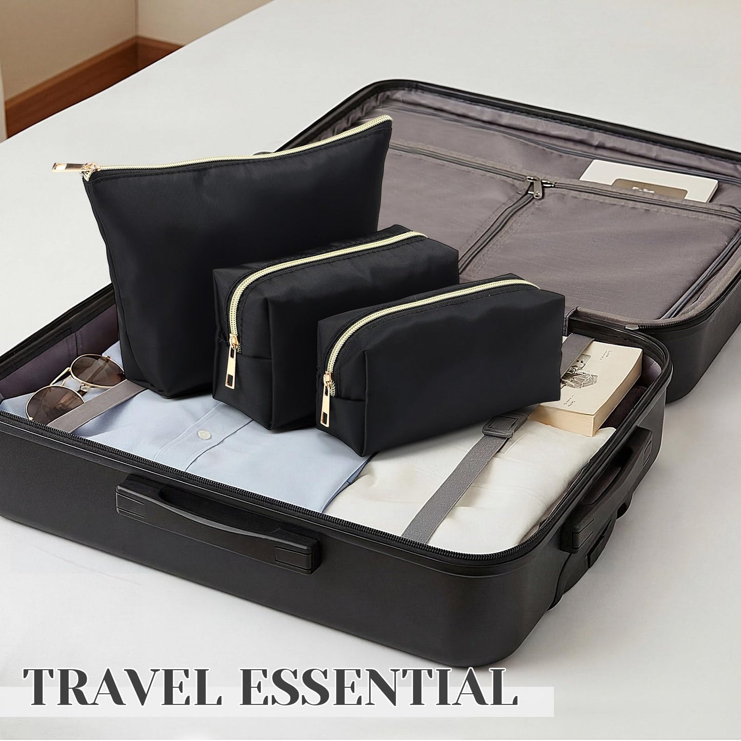 Kigeli 3 Pcs Nylon Makeup Bag Set for Women Aesthetic Cosmetic Bag with Interior Pocketes Preppy Cute Purse Pouch Makeup Brushes Storage Organizer for Travel(Black)