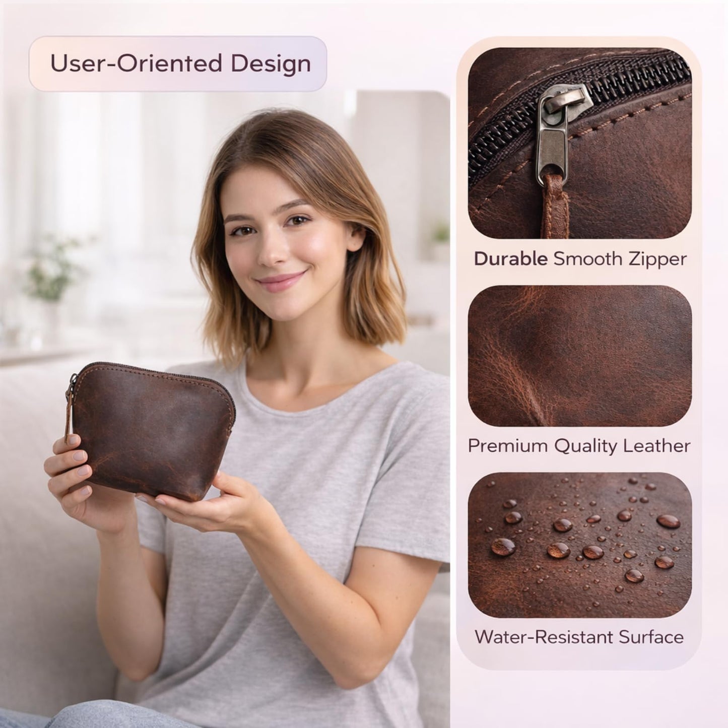 Leather Cosmetic Bag for Women & Men, Handmade Makeup Pouch, Small Travel Toiletry Case, Zippered Jewelry & Coin Organizer, Compact Purse Makeup Storage, Brown Leather (1, Brown, 4 x 4 x 3 Inch)