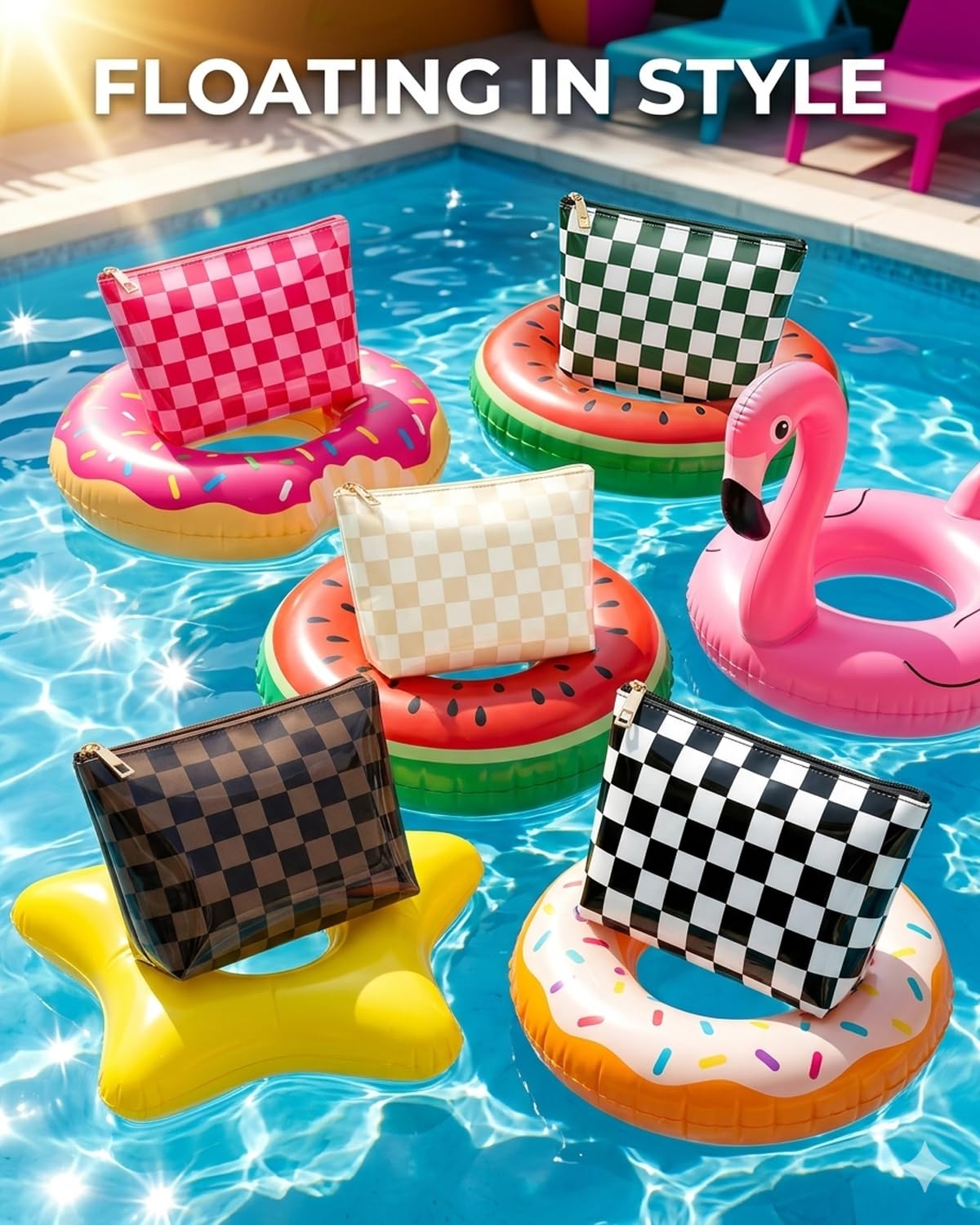 LETGO Dark Brown White Checkered Makeup Bag for Women,Waterproof Travel Beach Cosmetic Pouch,Sandproof Sunscreen Bag Pouch,Preppy Makeup Bag for Vacation Beach Summer Essentials(Checkered-Tan)