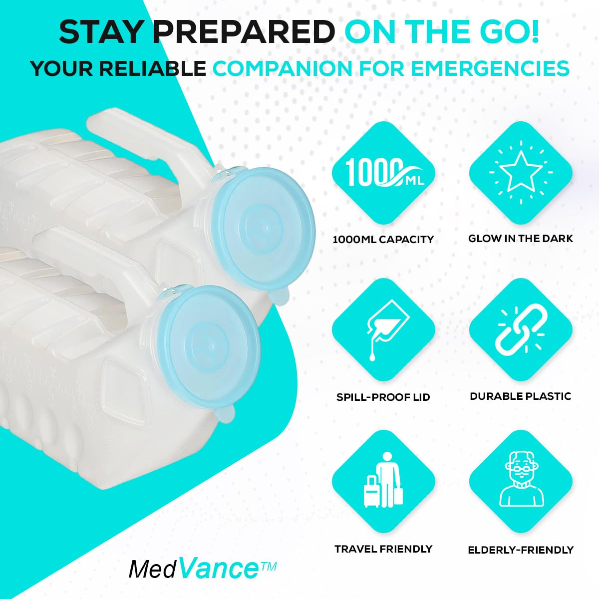 MedVance Urinals for Men 1000ml, Spill Proof Glow in the Dark Lid, 8 Pack