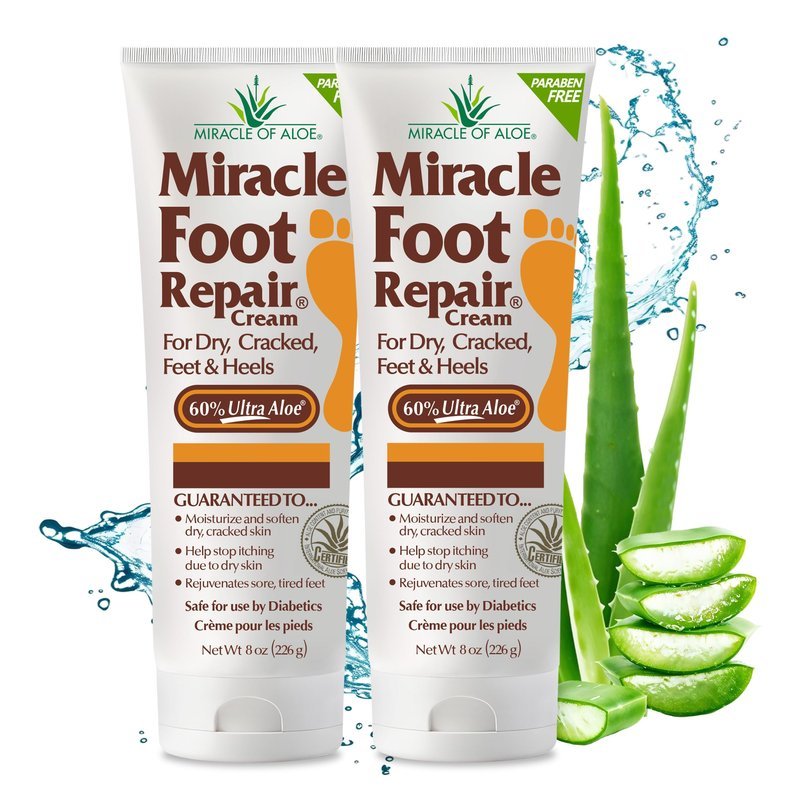 Miracle Foot Repair Cream (8 oz / 2-Pack) Repairs Dry Cracked Heels and Feet, 60% Pure UltraAloe Moisturizes, Softens, and Repairs