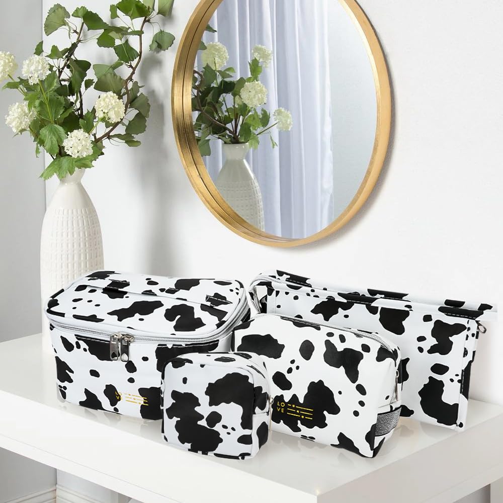 Mulaibdin 4 Pack Makeup Bag, Cows Travel Toiletry Bags for Women, Cute Cosmetic Organizer Pouch with Small Make Up Bag Leather Waterproof Handbag (Style1)