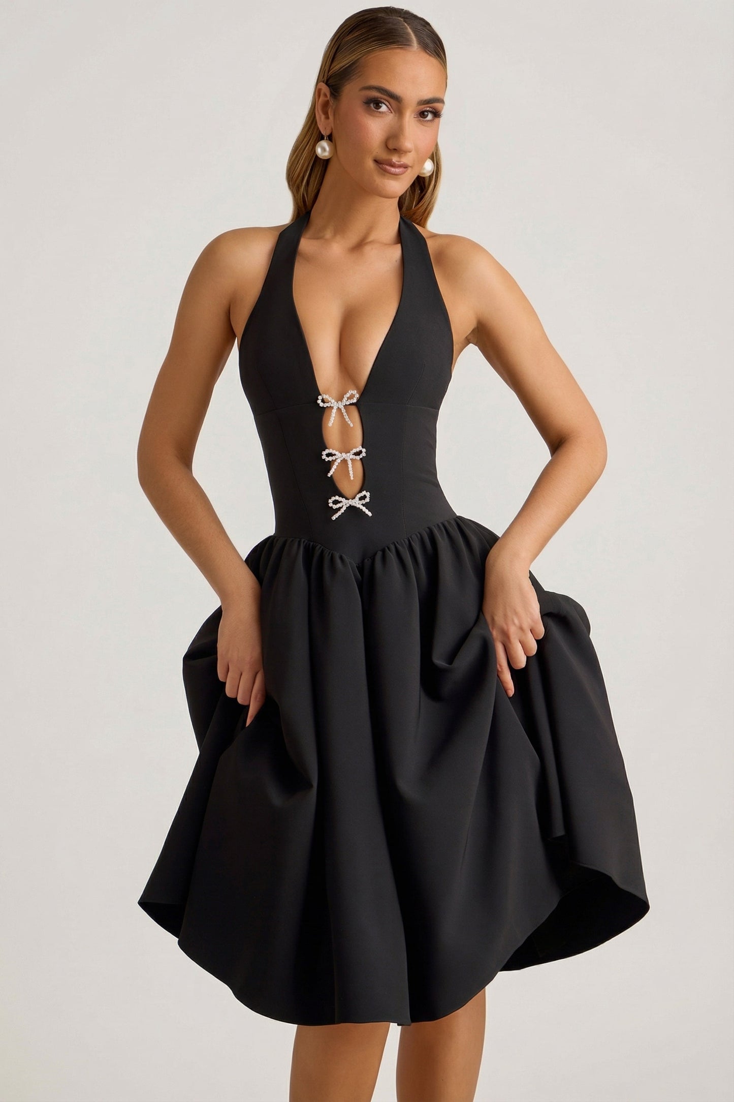 Halterneck Bow-Detail Midi Dress in Black