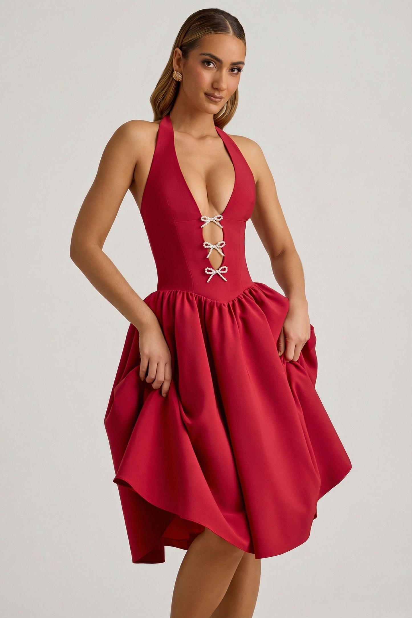 Halterneck Bow-Detail Midi Dress in True Red