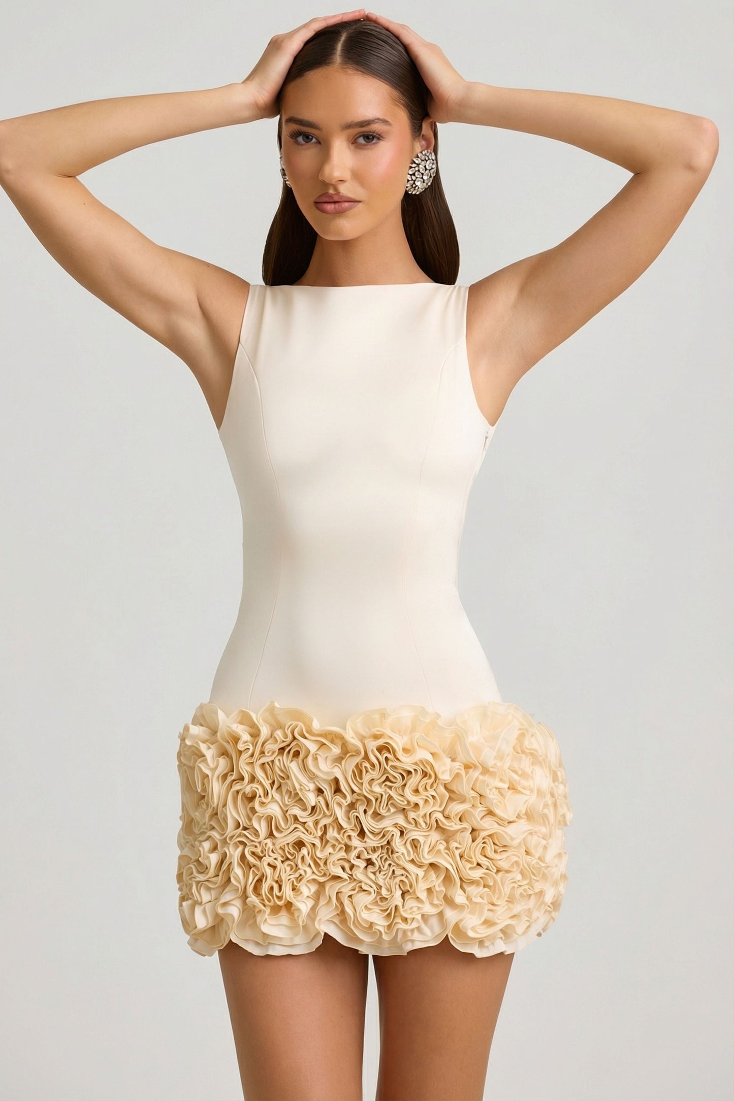 Satin Floral Appliqué Open-Back Mini Dress in Ivory