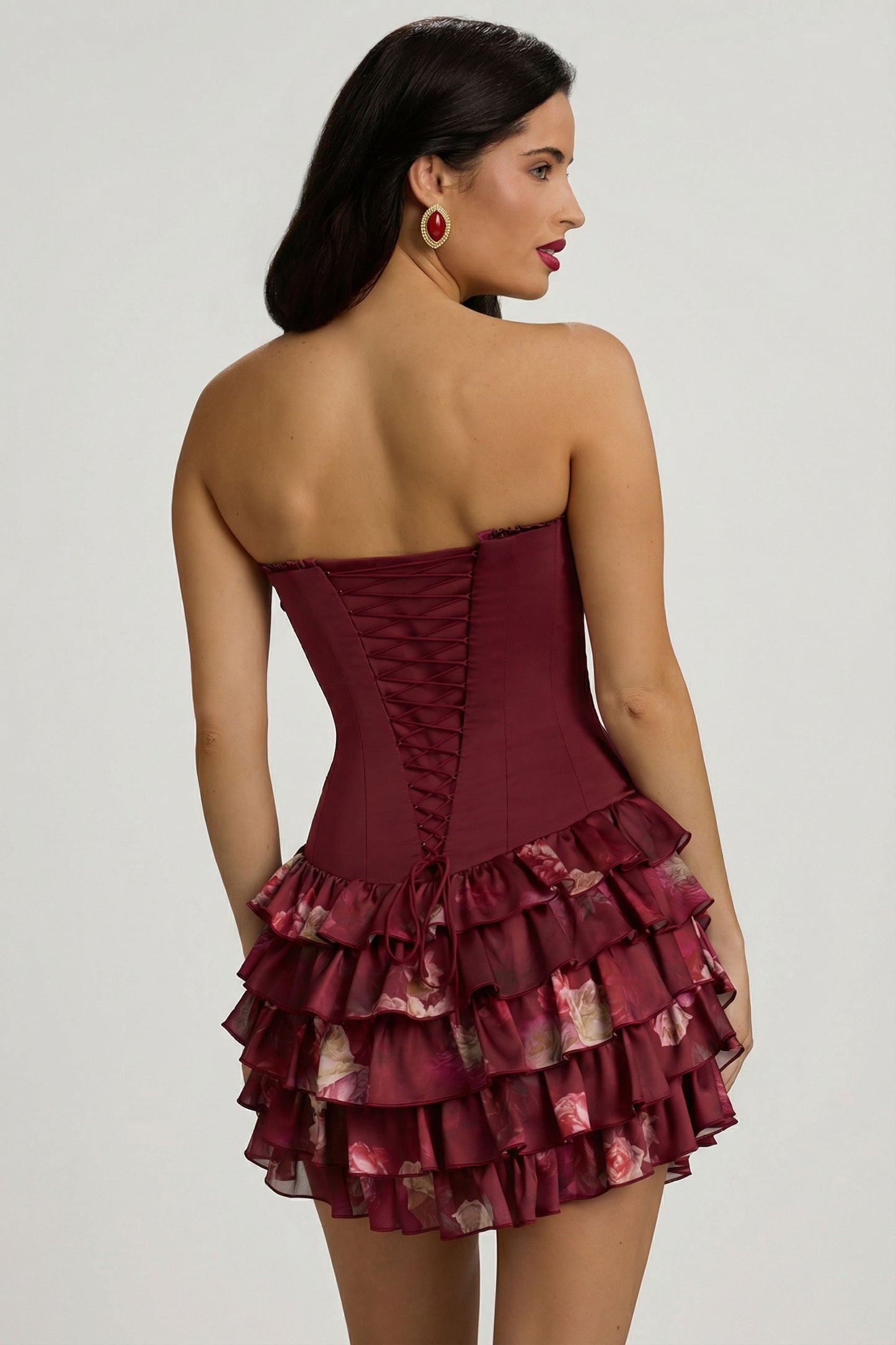 Strapless Ruffled Tiered Corset Mini Dress in Maroon Floral Print