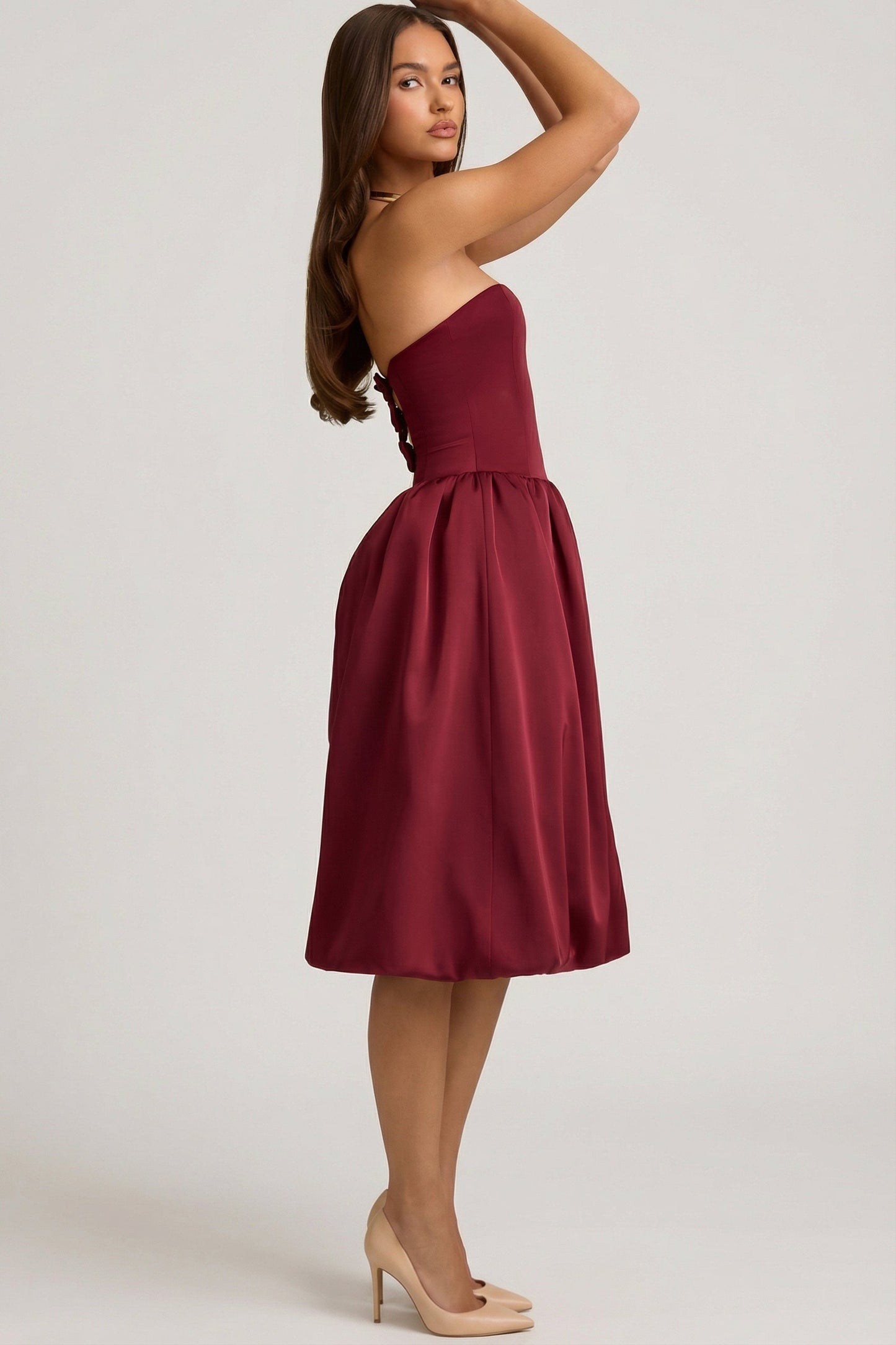 Convertible Bow-Detail Bubble Hem Midaxi Dress in Wine Red
