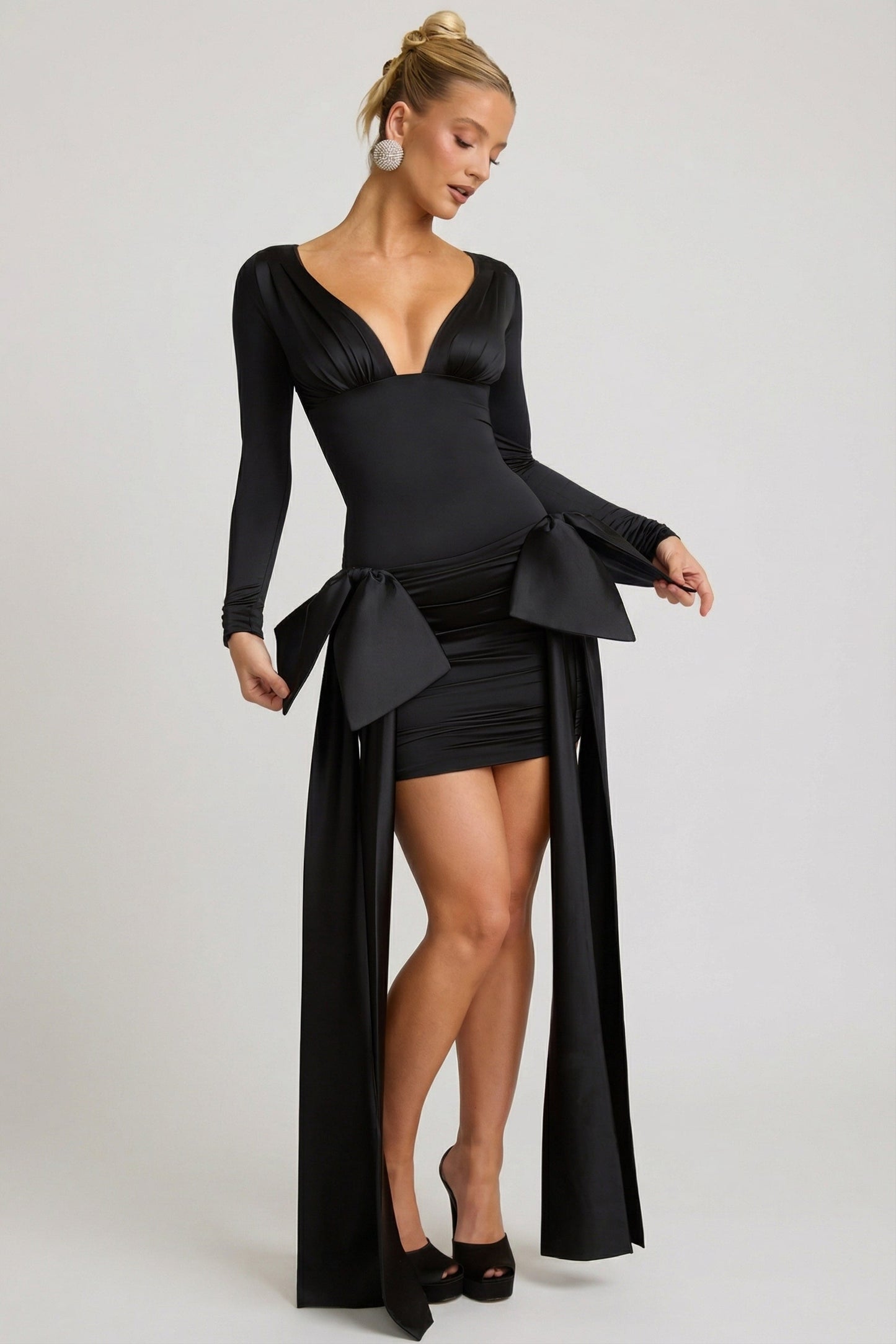 Bow-Detail Ruched Mini Dress in Black