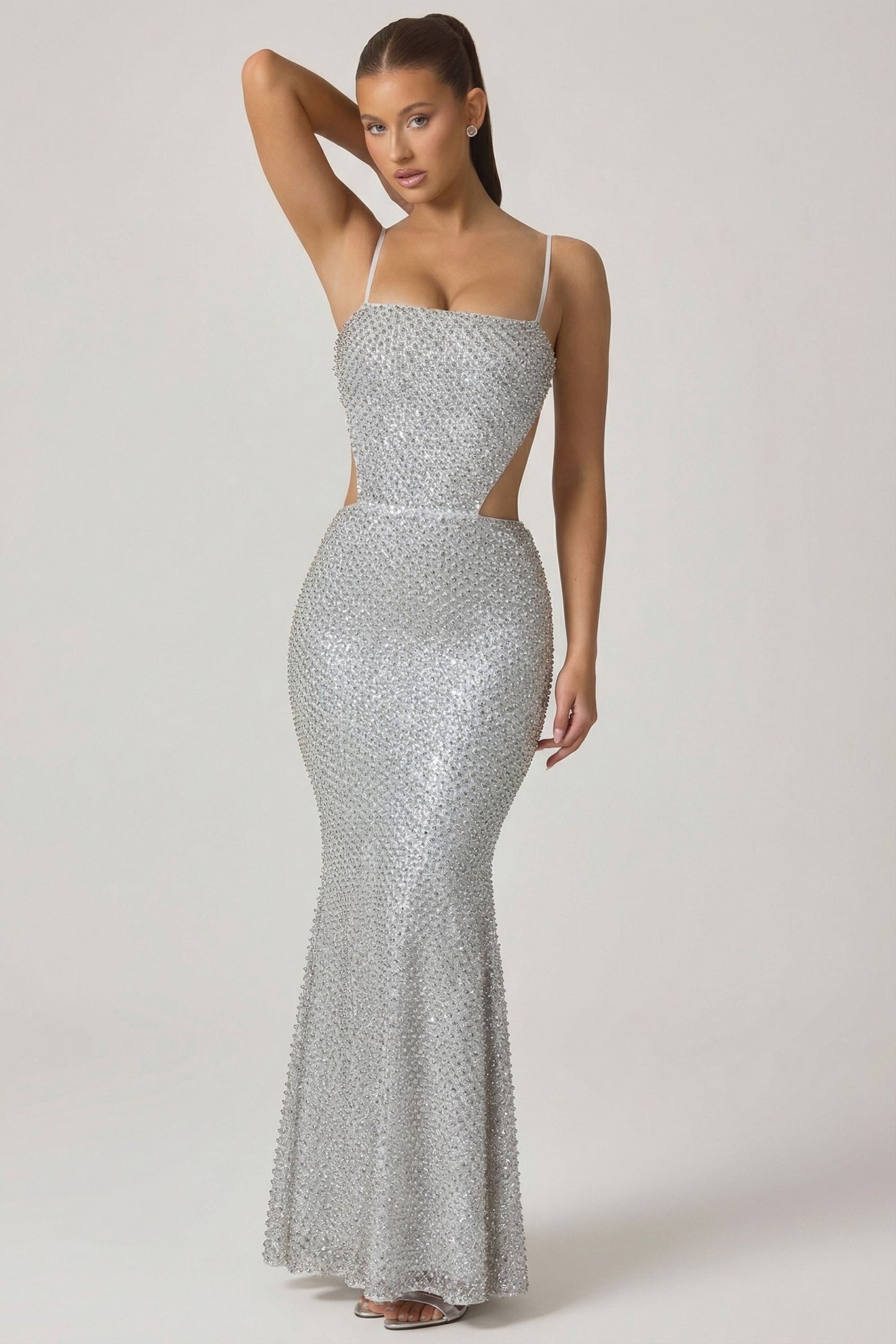Embellished Cut-Out Gown in Silver