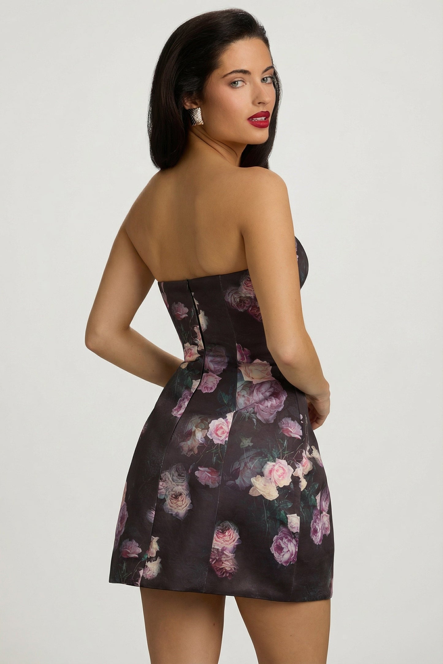 Strapless Structured Tulip Mini Dress in Black Floral Print