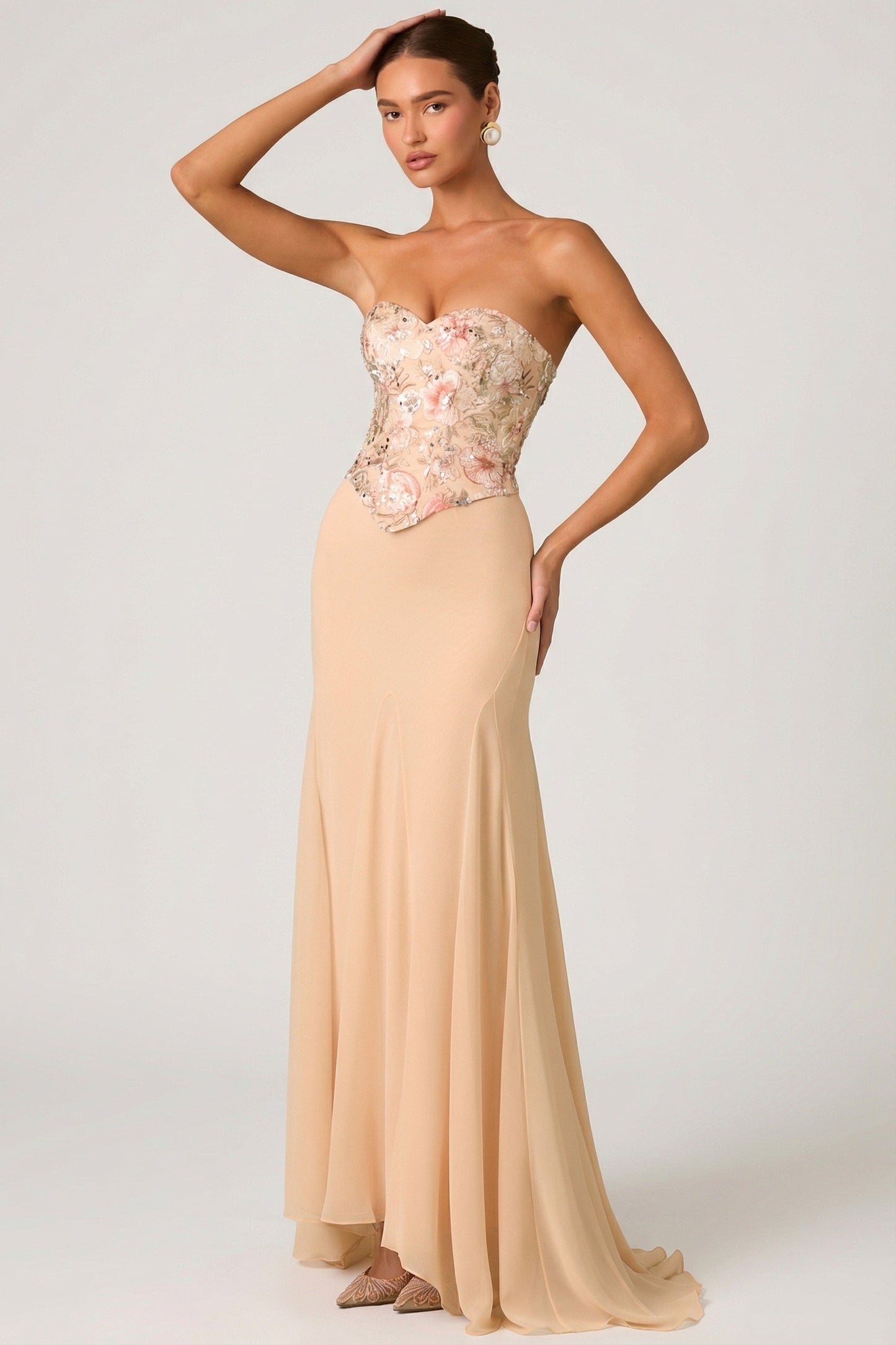 Embellished Corset Fishtail Gown in Floral Beige